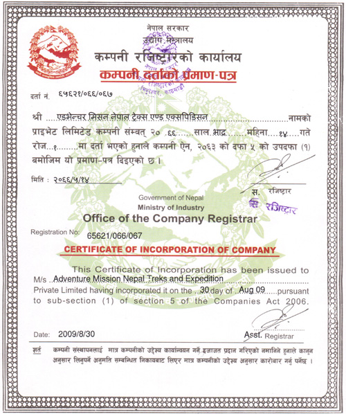 Company Registration Himalayan Trekkers